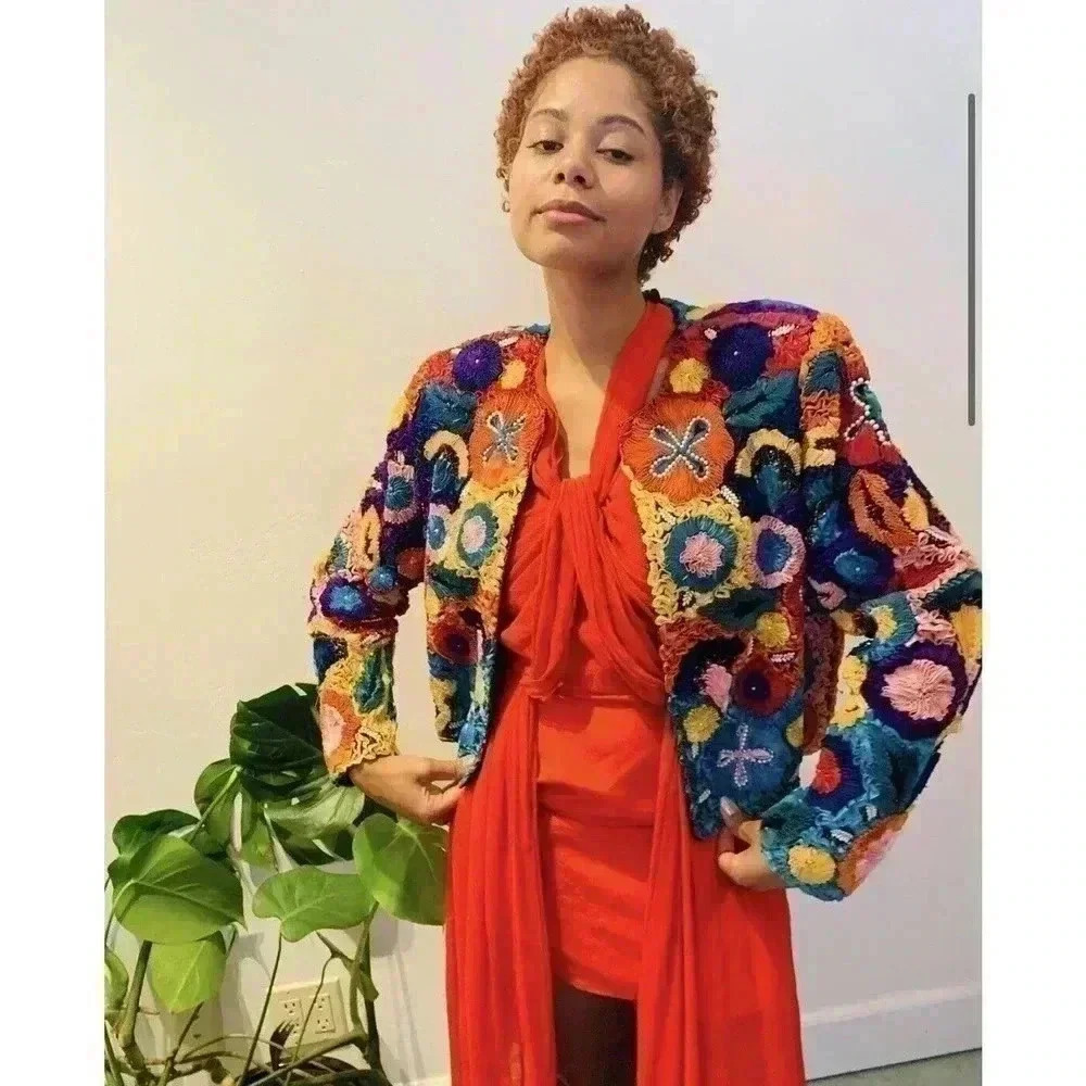 Vintage Cache Silk Ribbon Boxy Bolero Jacket 90s Bead Embellished Flower Rainbow - Picture 4 of 14